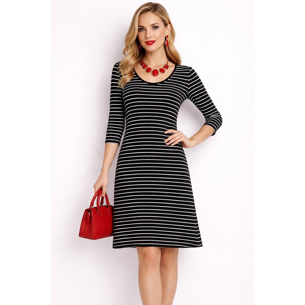 GAP Black White Striped A-Line Dress Small Lyocell Stretch 3/4 Sleeve